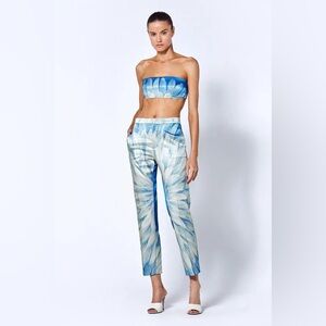 Alexis Pants Blue Satin Feather Print Tropical Tapered Trousers size XS